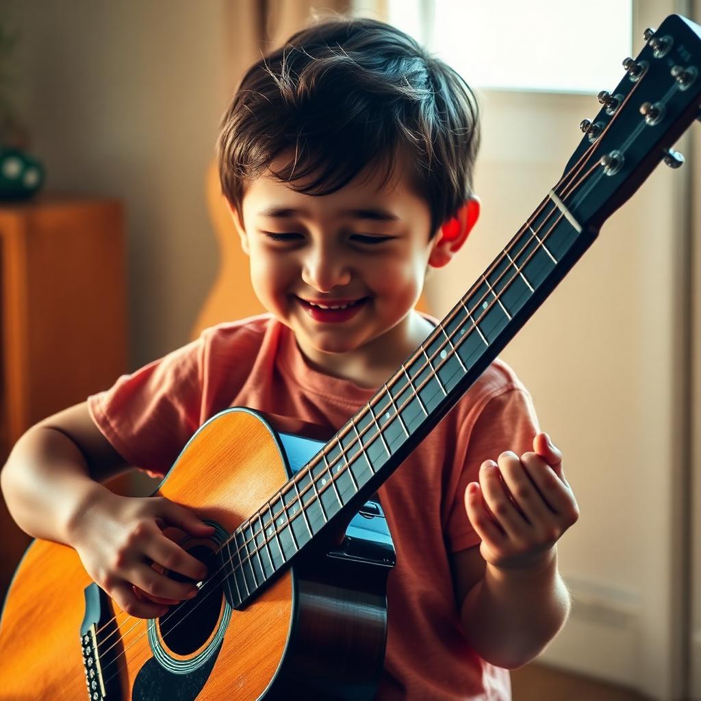 A young student playing acoustic guitar