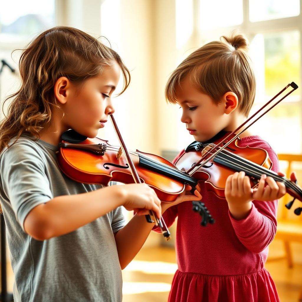 Two kids playing violin together
